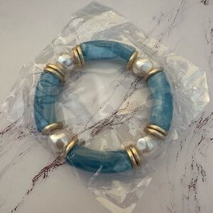PLUNDER Blue With Faux Pearl Gold Casual Chunky Stretch Bracelet